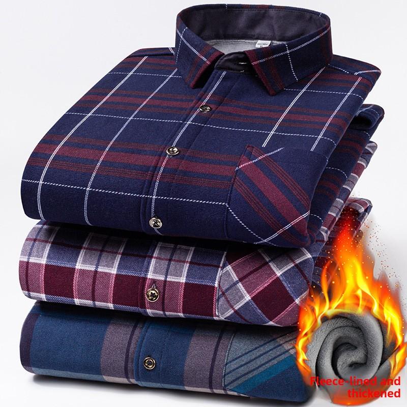 Plus Size Men's Thermal Shirt Men's Winter Fleece-Lined Thickened Checkered Long-Sleeved Shirt