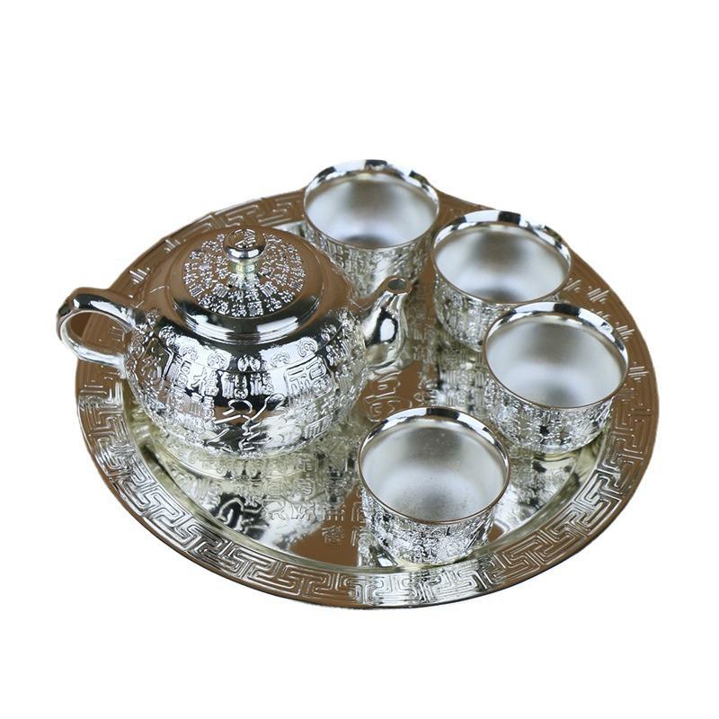 Premium Sterling Silver Tea Set - 6-Piece Handmade Teapot & Kung Fu Teacups Business Gift