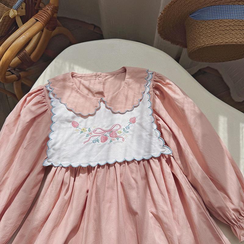 Sweet Strawberry Embroidered Princess Dress: Autumn 2025 Two-Piece Look, Color Block, Long Sleeve Cotton Dress for Girls