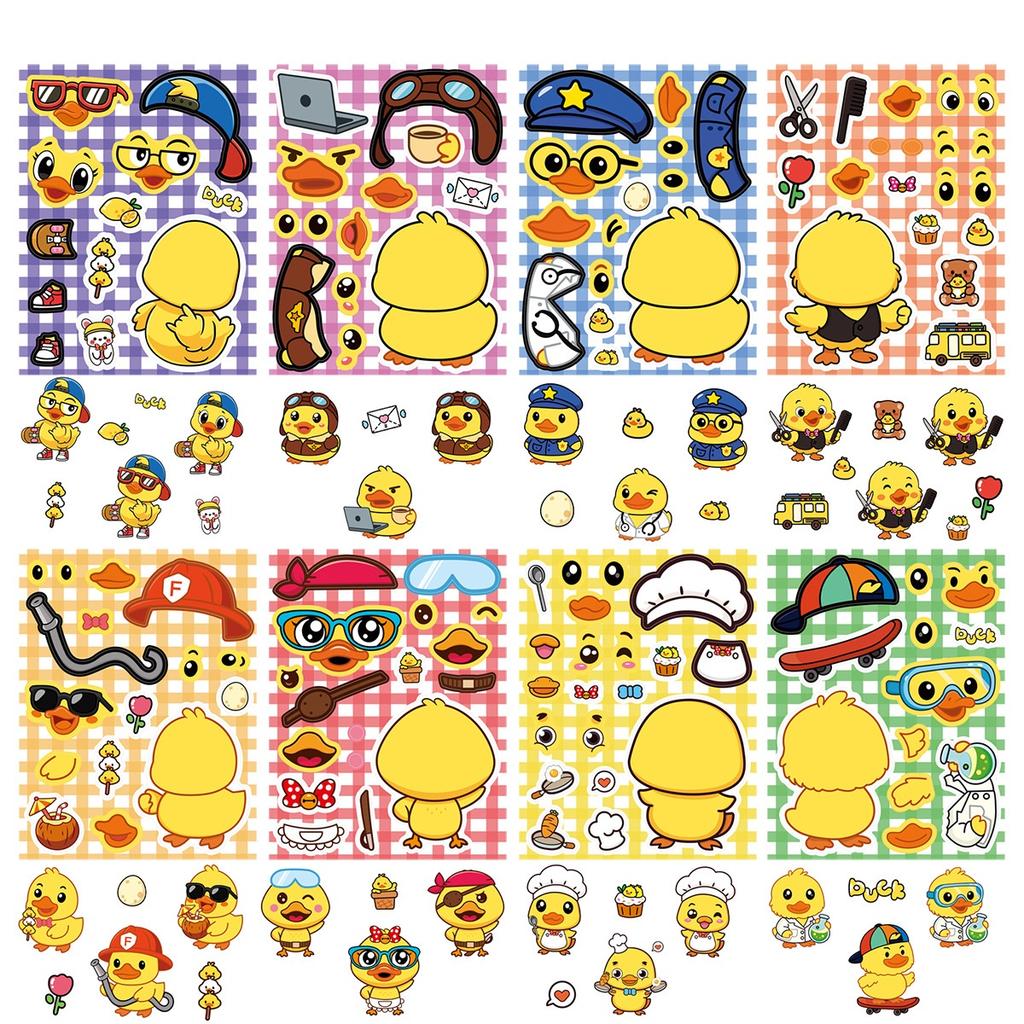 8/16 Pcs Yellow Duckling Puzzle Make A Face Cute Stickers for Cup Phone Laptop Notebook Piano Fridge Waterproof Decals