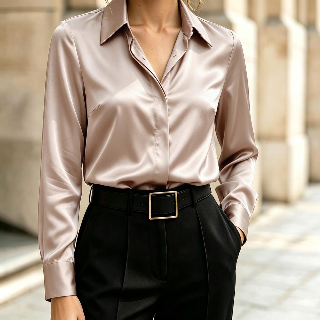 Women's Long Sleeve Satin Button-Up Shirt with Lapel Collar Casual Blouse Top