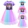Kids Girls K-POP Rumi Zoey Mira Print Mesh Rainbow Round Neck Short Sleeves Casual Cotton Dress