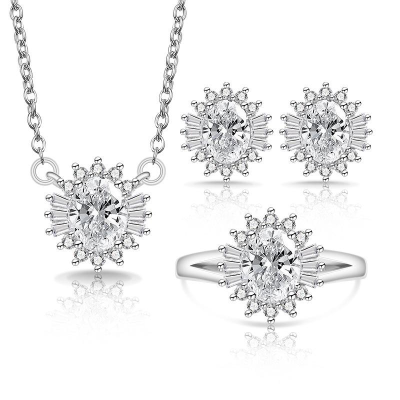 Fashion Treasure Crystal Zircon Earrings Necklace Jewelry Three-piece Set Engagement Jewelry Ring Size:Adjustable