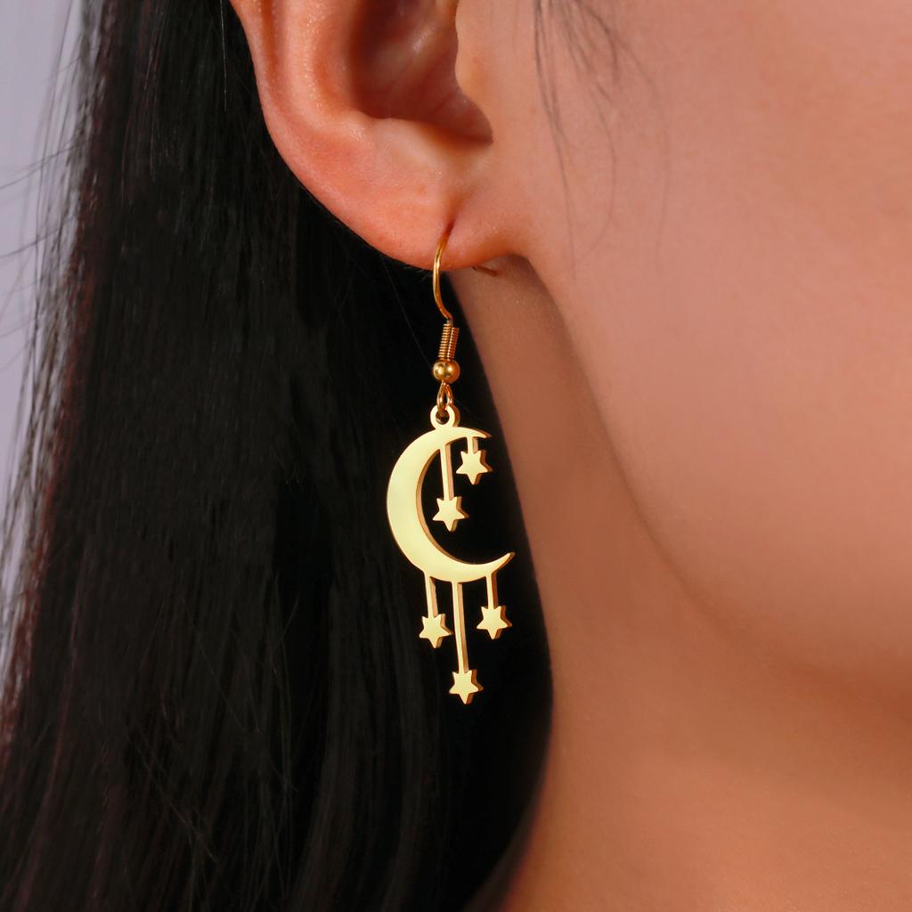 Trendy Crescent Moon Stars Drop Earrings for Women 2026 Stainless Steel Jewelry Pendant Earrings Birthday Gift Wholesale