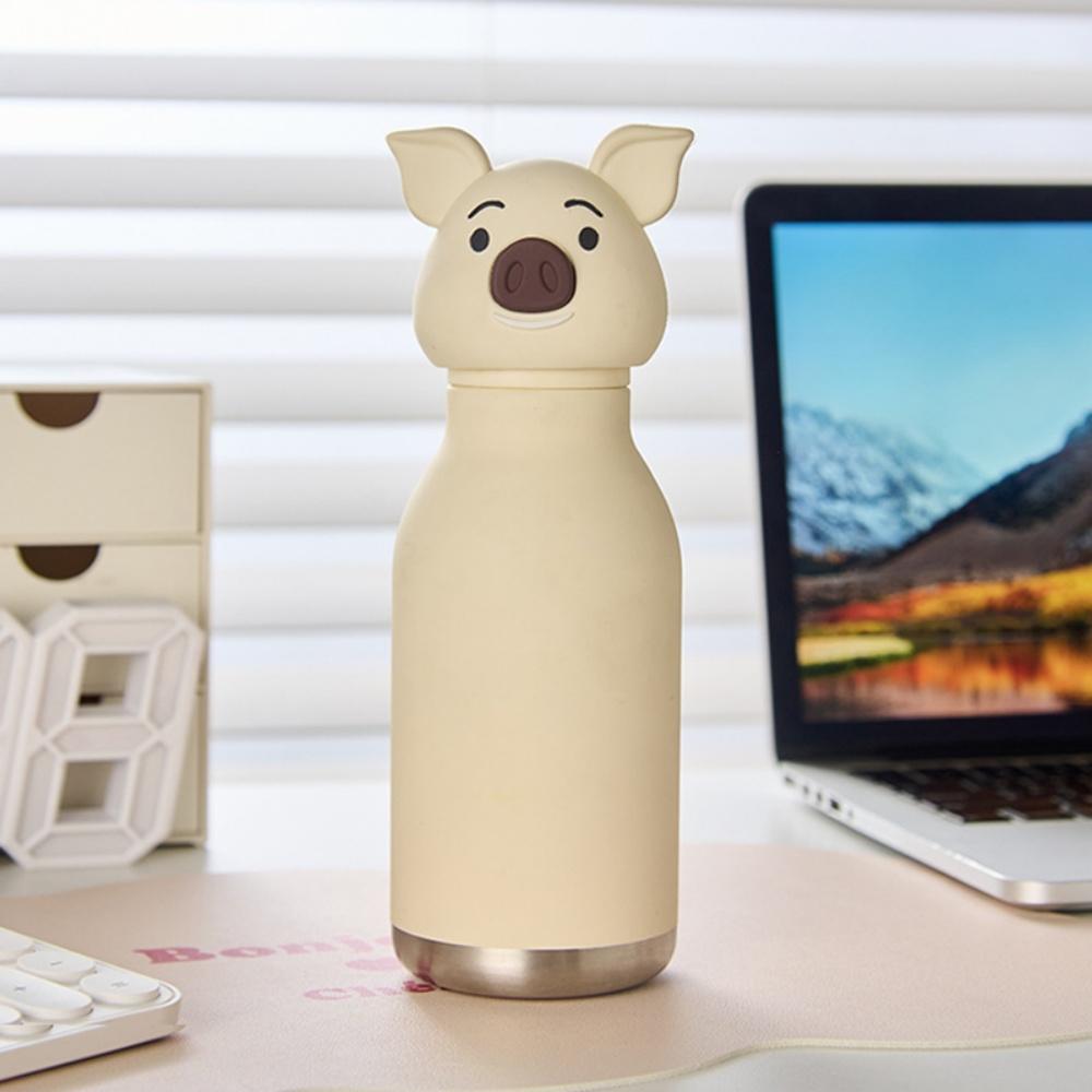 Insulated Stainless Steel Water Bottle with Detachable Soft Animal Head Fun Drinking For Kids with Flexible Reusable Straw (Pig)