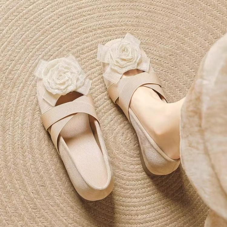 Inner height increase thick heel flower shallow mouth single shoes women's 2025 new soft leather French cross belt ballet shoes Mary Jane shoes