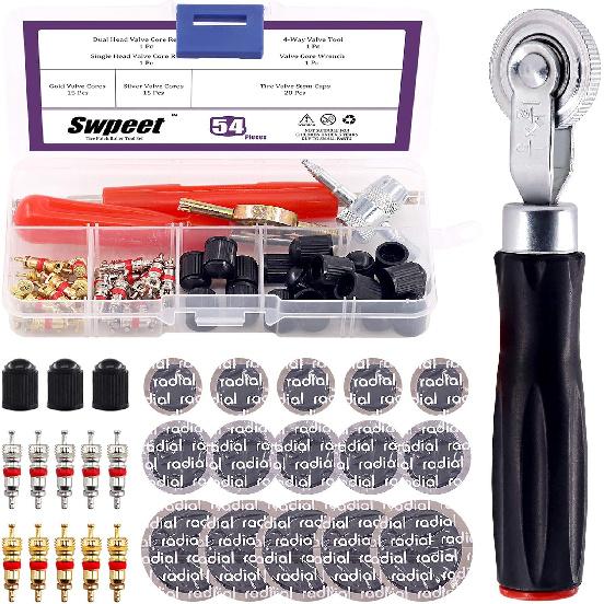 Swpeet 65Pcs Tire Valve Stem Tool Remover & Installation Set, Valve Caps Snap-in Valve Stems with Valve Stem Cores, Single and Dual Head Tire Valve 1