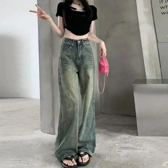 

Ностальгические ретро джинсы с высокой талией и прямыми штанинами для женщин с фигурой типа «груша» - Повседневные свободные брюки широкого кроя длиной до пола для осени. M