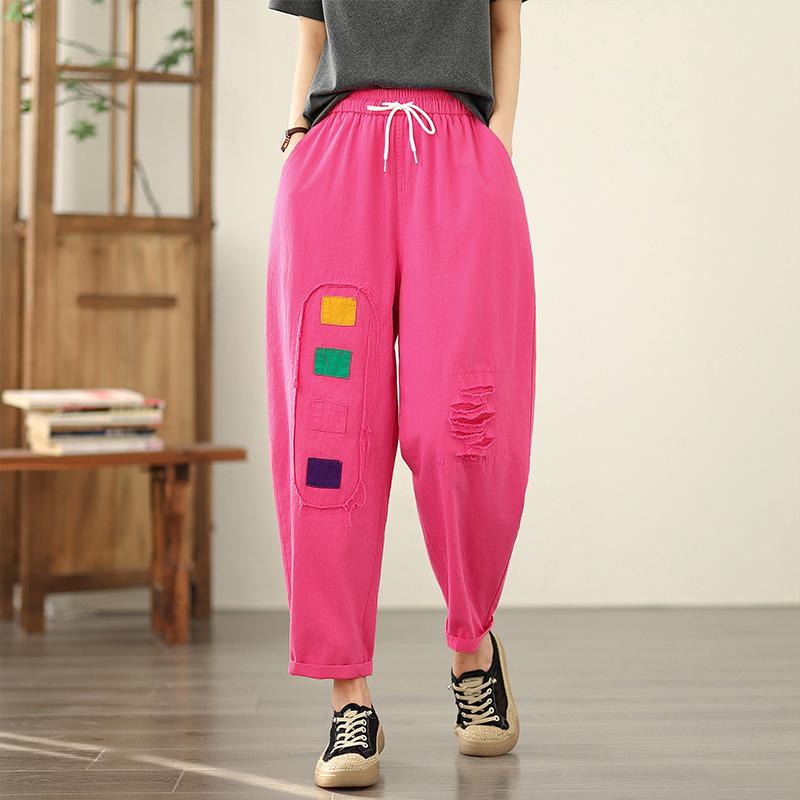 

DIMANAF Лето 2025 Большие размеры Женские винтажные джинсы Повседневные свободные базовые эластичные брюки с высокой талией Брюки с дырками M розовый