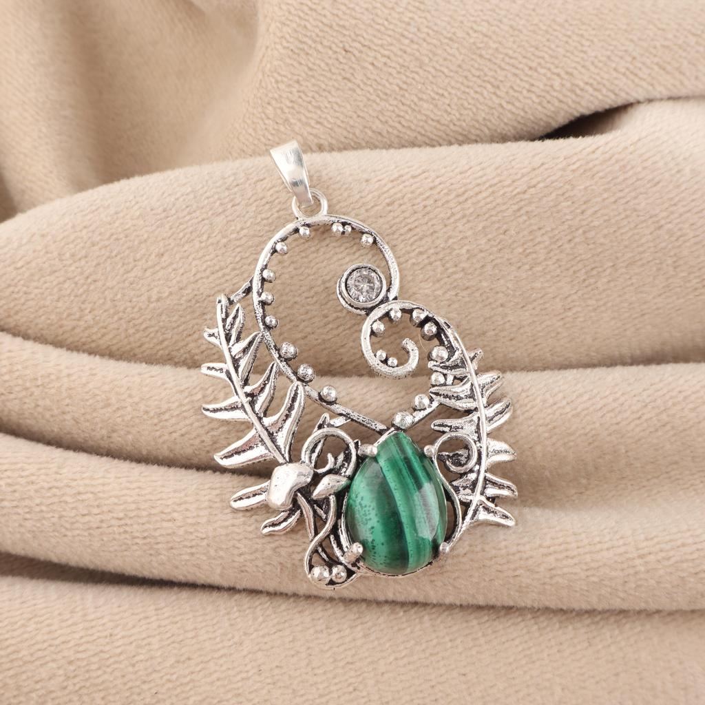 Natural Malachite Gemstone 925 Sterling Silver Women Jewelry Pendant 1.8" For Women CP-42-27