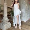 Sexy Spaghetti Strap Ruffle Irregular Bodycon Party Club Evening Dress Women Mesh Suspender Spring Summer Holiday Beach
