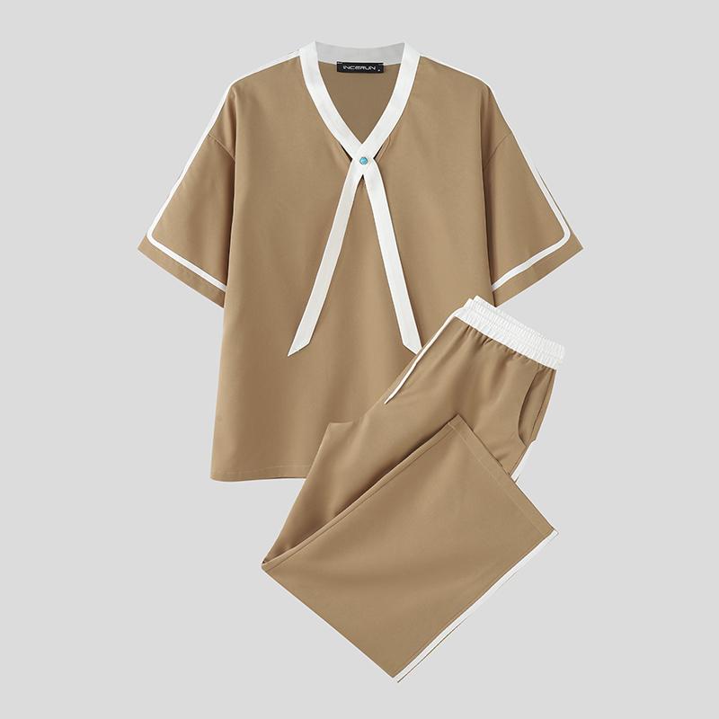 

INCERUN 2PCS Men V Neck Patchwork Short Sleeve Shirt Long Straight Pants Sets Outfits 4XL хаки