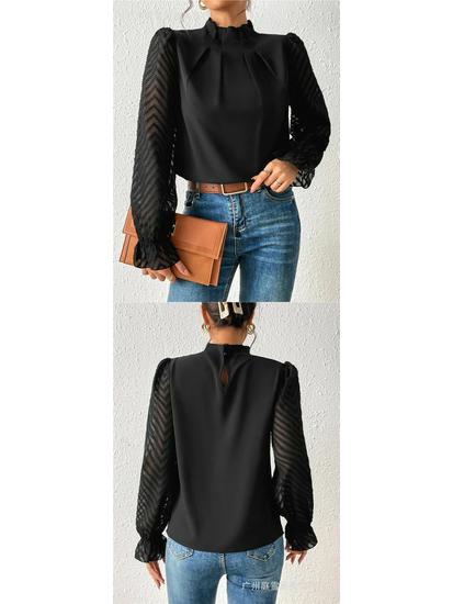 Women's Autumn/Winter Half-High Collar Chiffon Top with Patchwork Wave Pattern