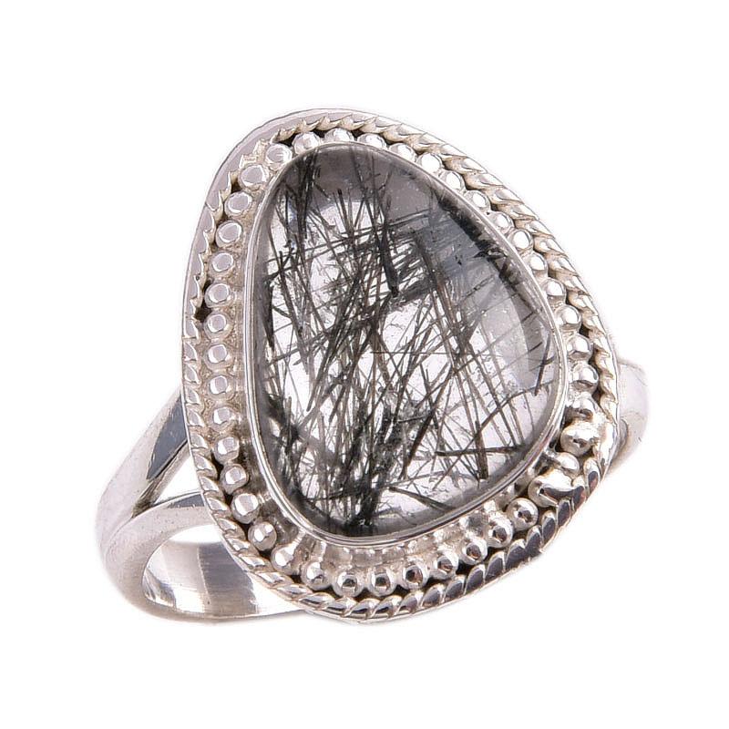 Gema de Rutilo Preto Natural Prata de Lei Sólida 925 Joia Anel Tamanho 7 i0K43