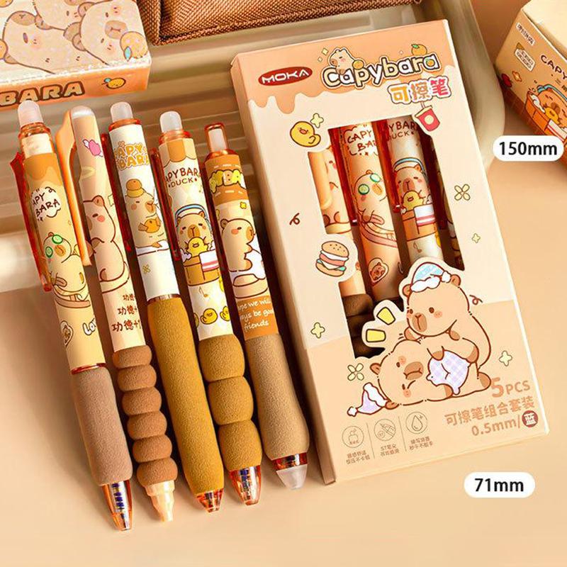 5Pcs Cute Cartoon Capybara Erasable Pen  Writing Smooth Quick-Drying Gel Pen Replacement Pen Core Office Supplies Gifts