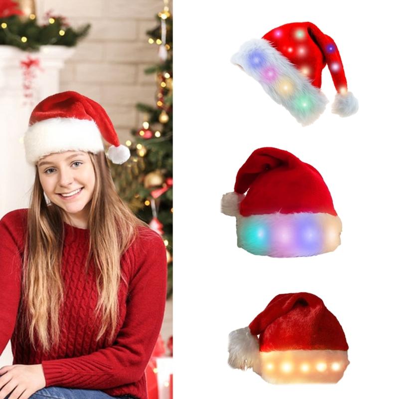 LED Christmas Hat, Light Up Christmas Hat Unisex Plush Beanie Holiday Hat with White Brim Christmas Party Props