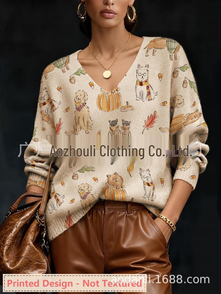 Autumn/Winter Casual Loose Knit Long Sleeve V-Neck with All-Over Non-Crocheted Print