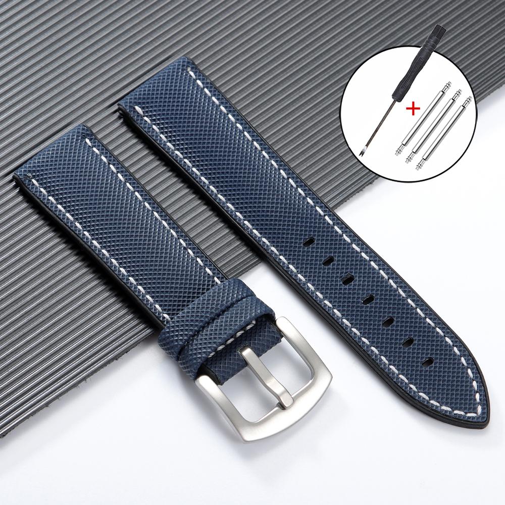 20mm 22mm 24mm Premium Silicone Watch Band Silver Buckle Waterproof Soft Rubber Strap Stitching Belt Replacement Universal Watch