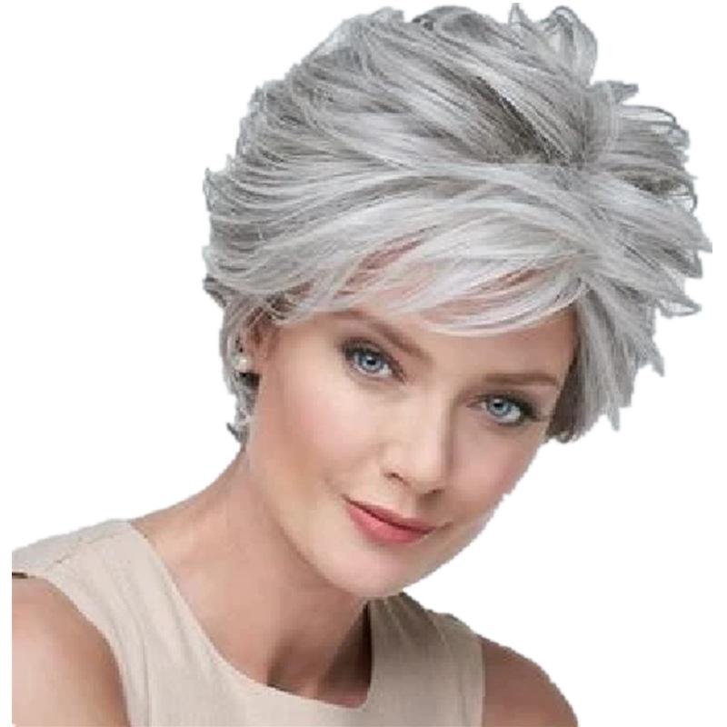 Fashionable Women with Short Hair Dyed Fluffy Curly Hair Silver White Wig