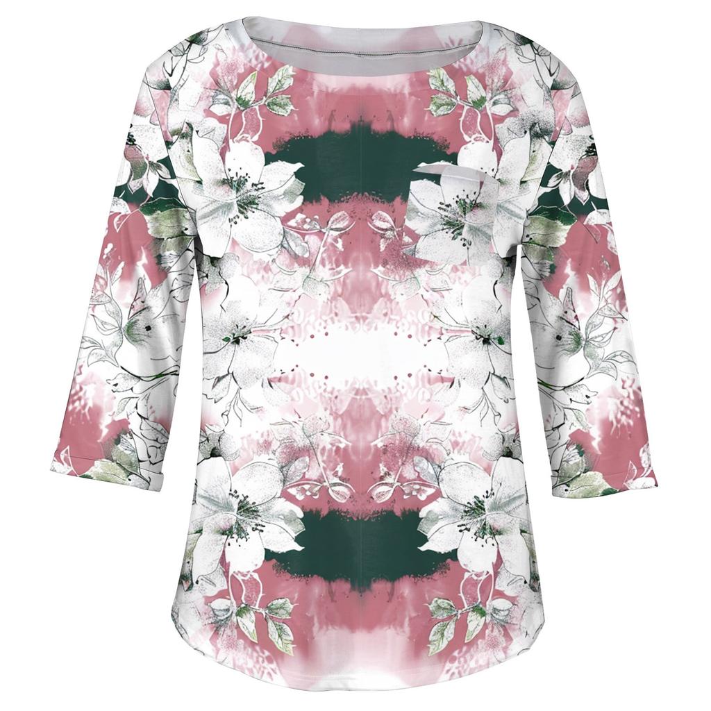Top da donna alla moda casual a maniche a tre quarti stampato con scollo rotondo