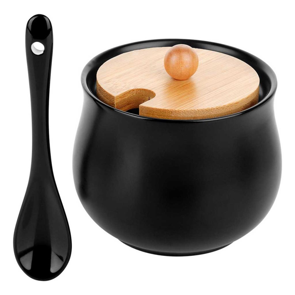 CERAMIC SUGAR BOWL WITH SPOON, BLACK 139683
