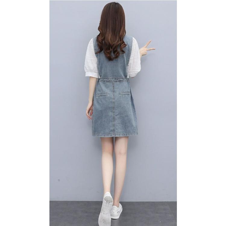 Summer Women Denim Dress Slim Fit Tie Waist V Neck Straight Cut Fashion European Style