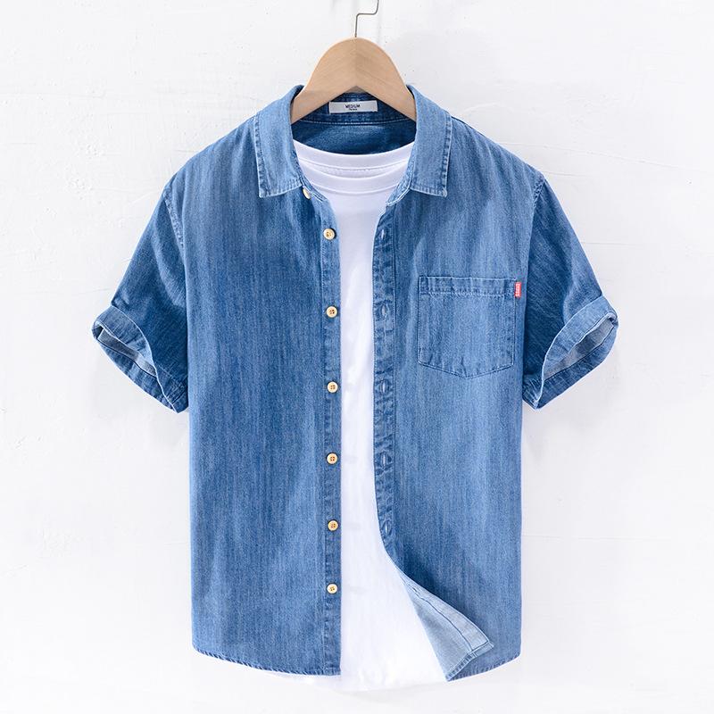 Men Denim Shirt Thin Summer Half Sleeve Casual Top, Loose Trendy Handsome Short Sleeve Camping Denim Short Sleeve Jacket