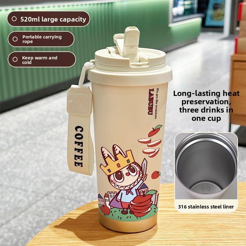 Large Capacity 316 Stainless Steel High Value Double Drink Thermos Cup Seven Labubu Cloth Straw Car Coffee Cup