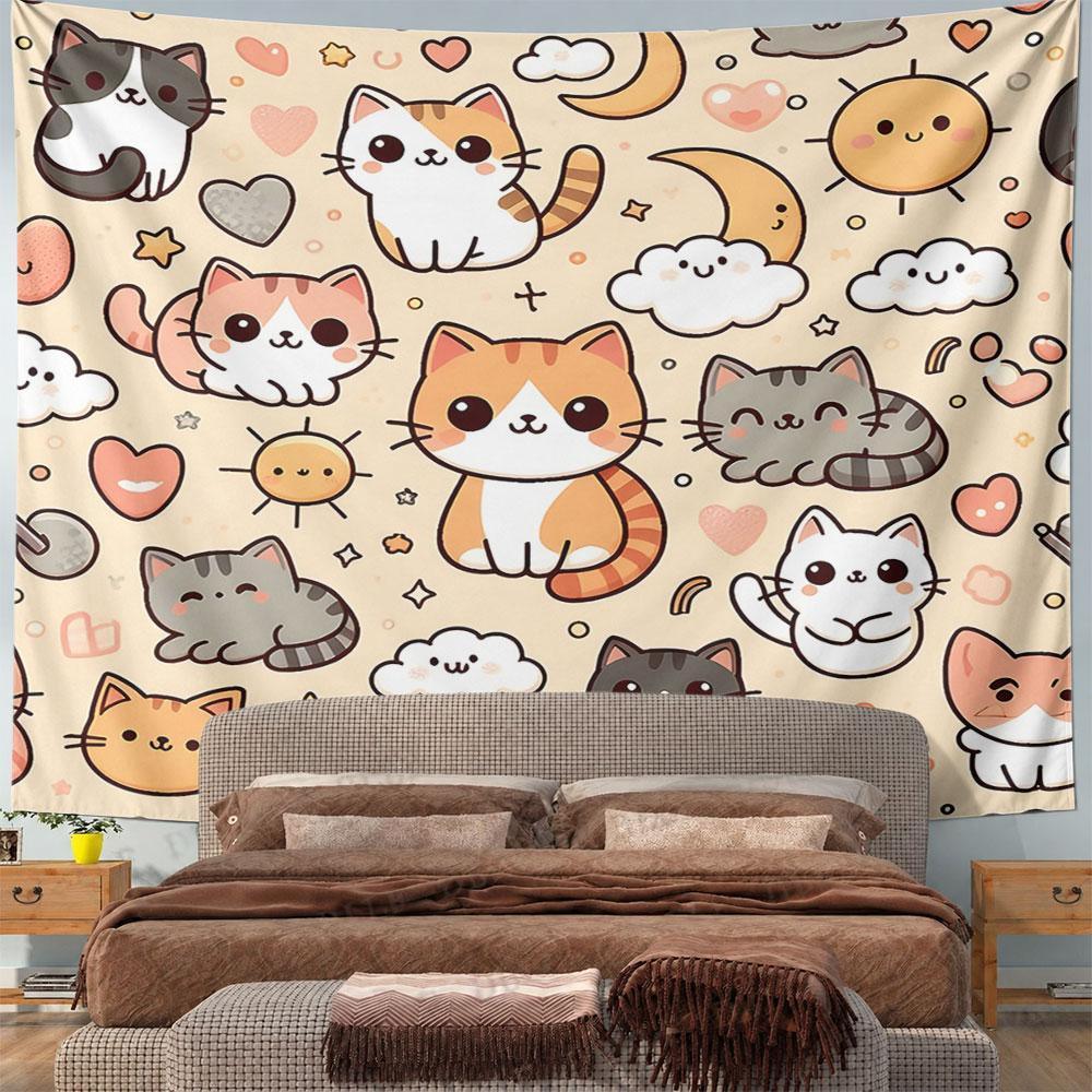 Cute Cartoon Cats and Whimsical Patterns Pattern Wall Hanging Tapestry Decorative Tapestry Home Decor for Bedroom and Living Room