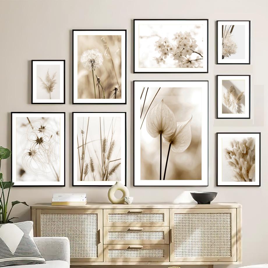 Beżowy plakat z krajobrazem mniszek lekarski ogon trzciny kwiatowej liść ścienny drukowany obraz na płótnie obrazy ścienne salon Home Decor