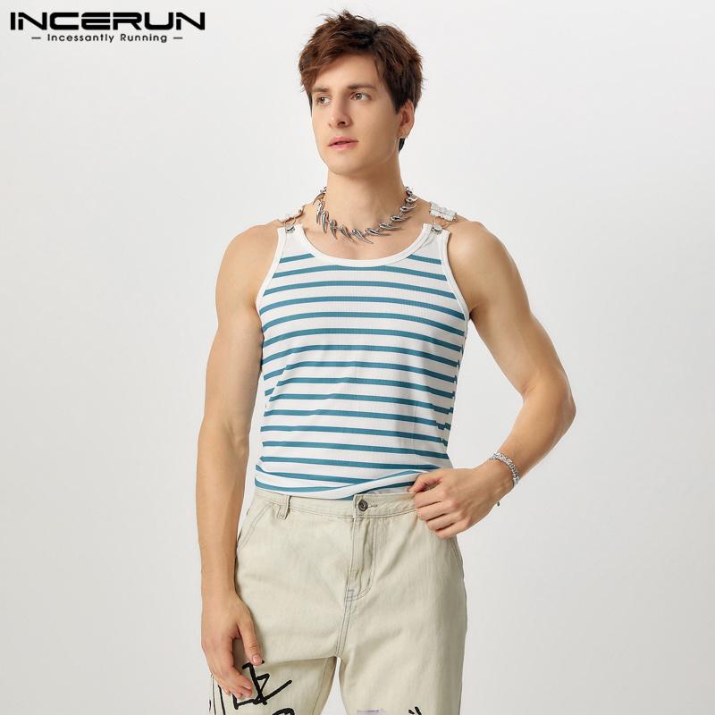 INCERUN Men Summer Sleeveless Tank Tops Striped Print Racerback Vest