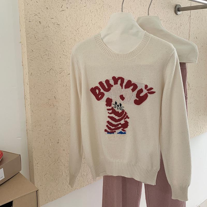 Women's Wool Round Neck Sweater with Cartoon Bunny Embroidery - Cute Style for Autumn/Winter
