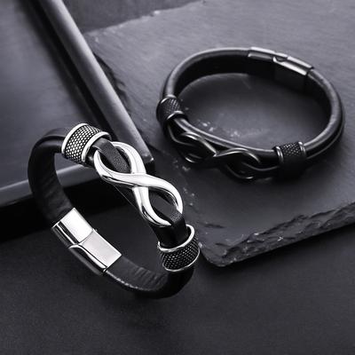8-character Leather Braided Bracelet with Unique Retro Style Stainless Steel Clasp Jewelry for Both Men and Women
