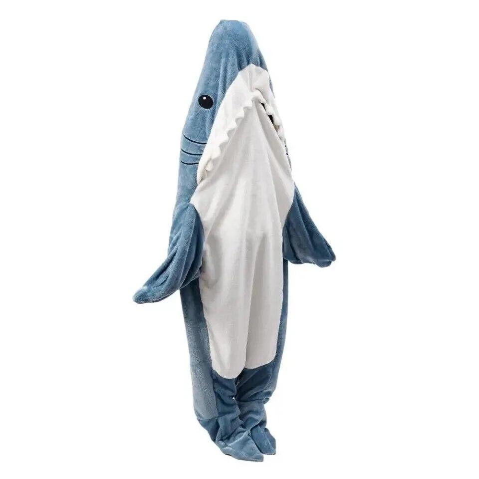 Shark Blanket Adult Cartoon Sleeping Bag Pajama Hooded Warm Flannel Funny Homewear Shark Onesie Sleeping Bag Winter Warm Blanket
