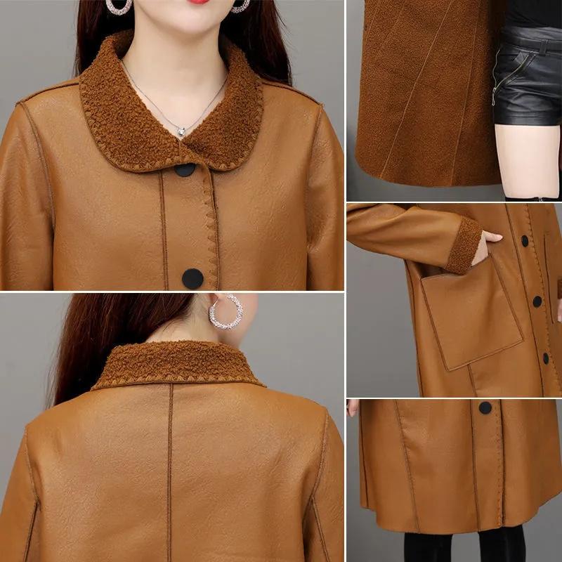 Women Autumn Winter Mid-length Leather Jacket  Female New Fashion Fur Lamb Fur Trench Coat Women Foreign Style Jacket