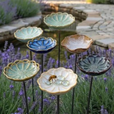 Ceramic Flower Bee Feeder, Garden Bee Watering Station, Outdoor Decorative Butterfly Cup for Thirsty Pollinators Patio Yard Decor
