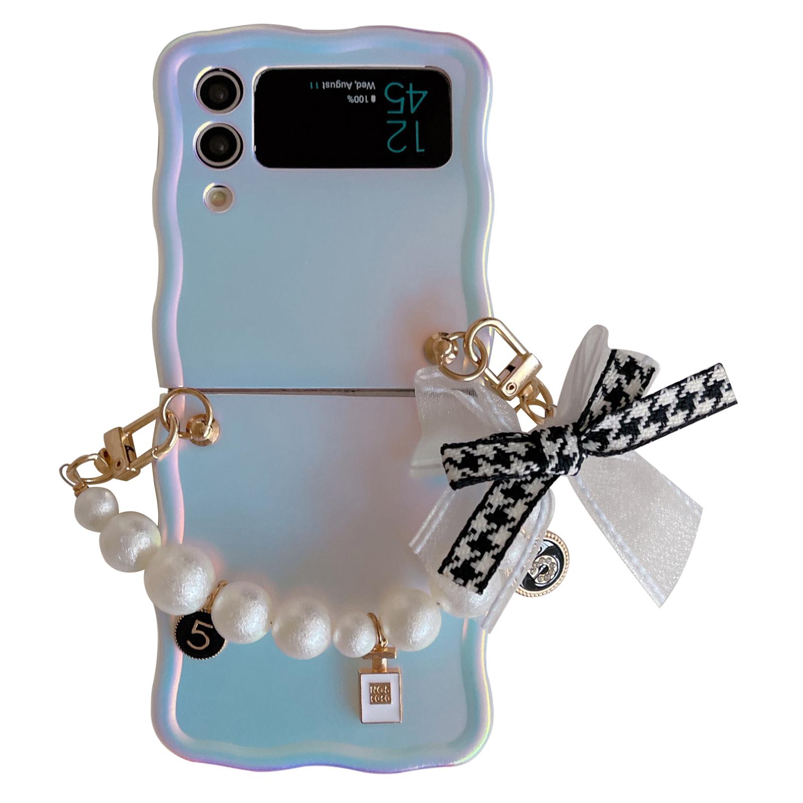 

For Samsung Galaxy Z Flip4 5G Case TPU Shinny Laser Phone Cover with Pearl Bracelet A