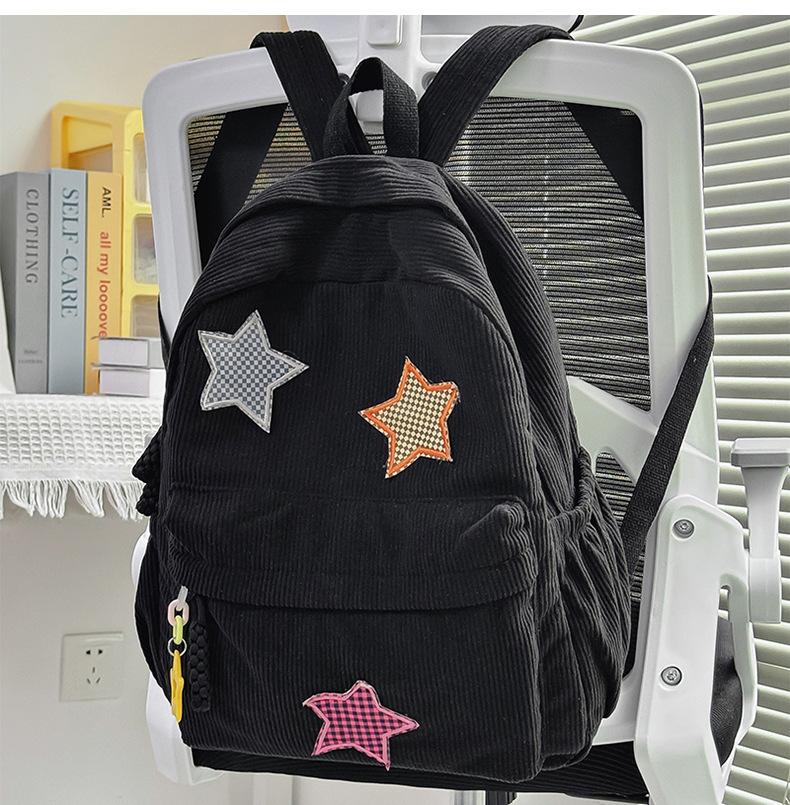 Schoolbag New Corduroy Star Patch Backpack Women's Large Capacity Casual Bag Women's Soft Sister Cute Middle School School Bag