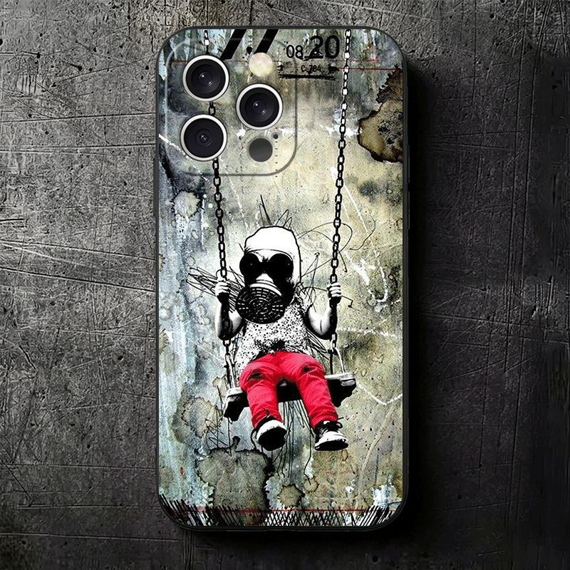B-Banksy Art Graffiti Artist Soft Phone Case for iPhone 16 16E 17 Air 15 Pro Max 14 Plus 13 Mini 11 12 7 Black Cover Back Shell