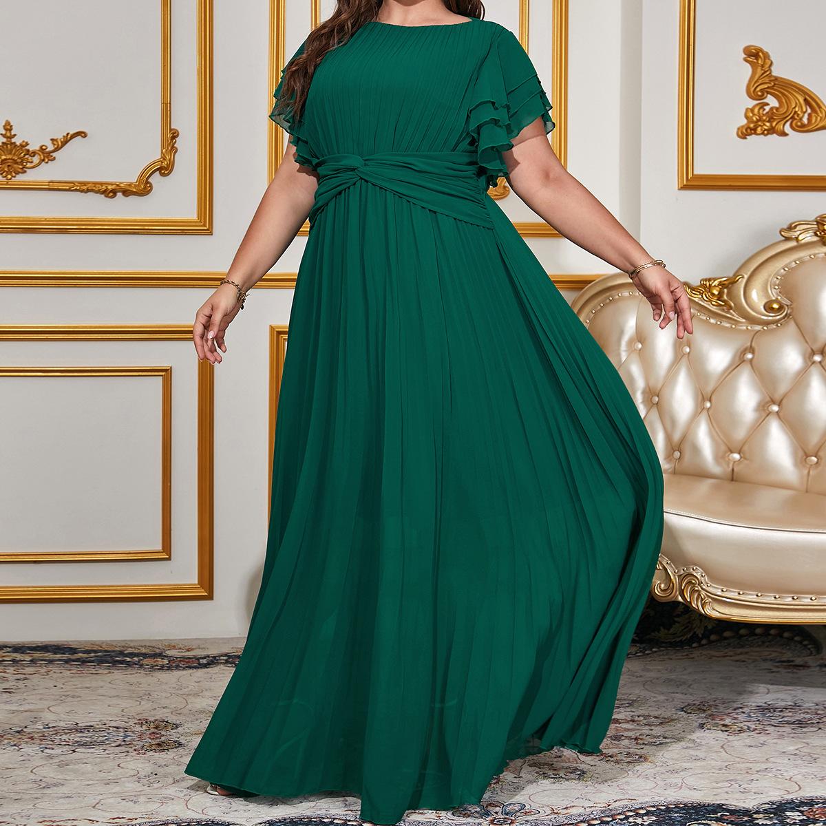 

Новое однотонное элегантное длинное женское платье с круглым вырезом на весну и лето XL зелёный