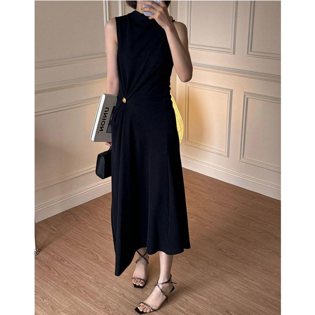 Merino Wool Blend Pleated Slimming Dress with Gold Buttons