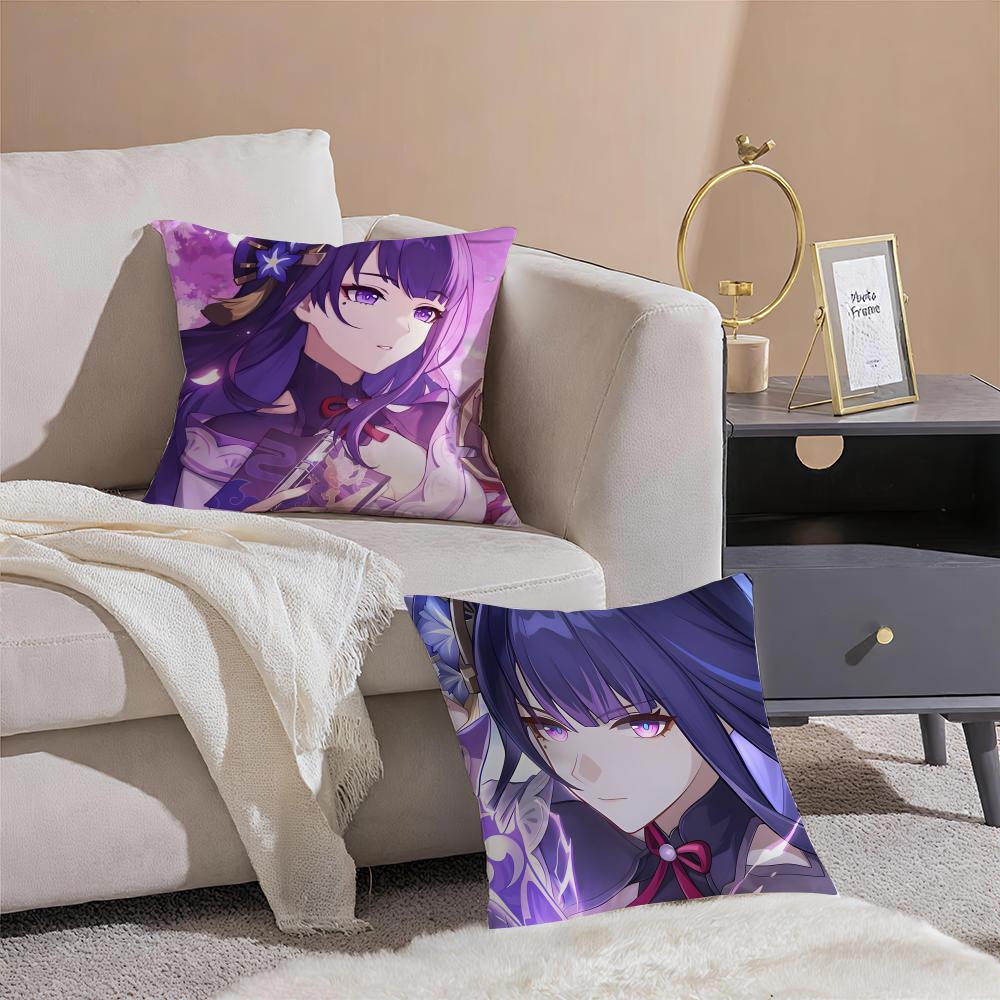 PProject Genshin Impact RRaiden Shogun Icon Cushion Cover Pillowcase Short Plush Invisible zipper Room Sofa Cushion Cover