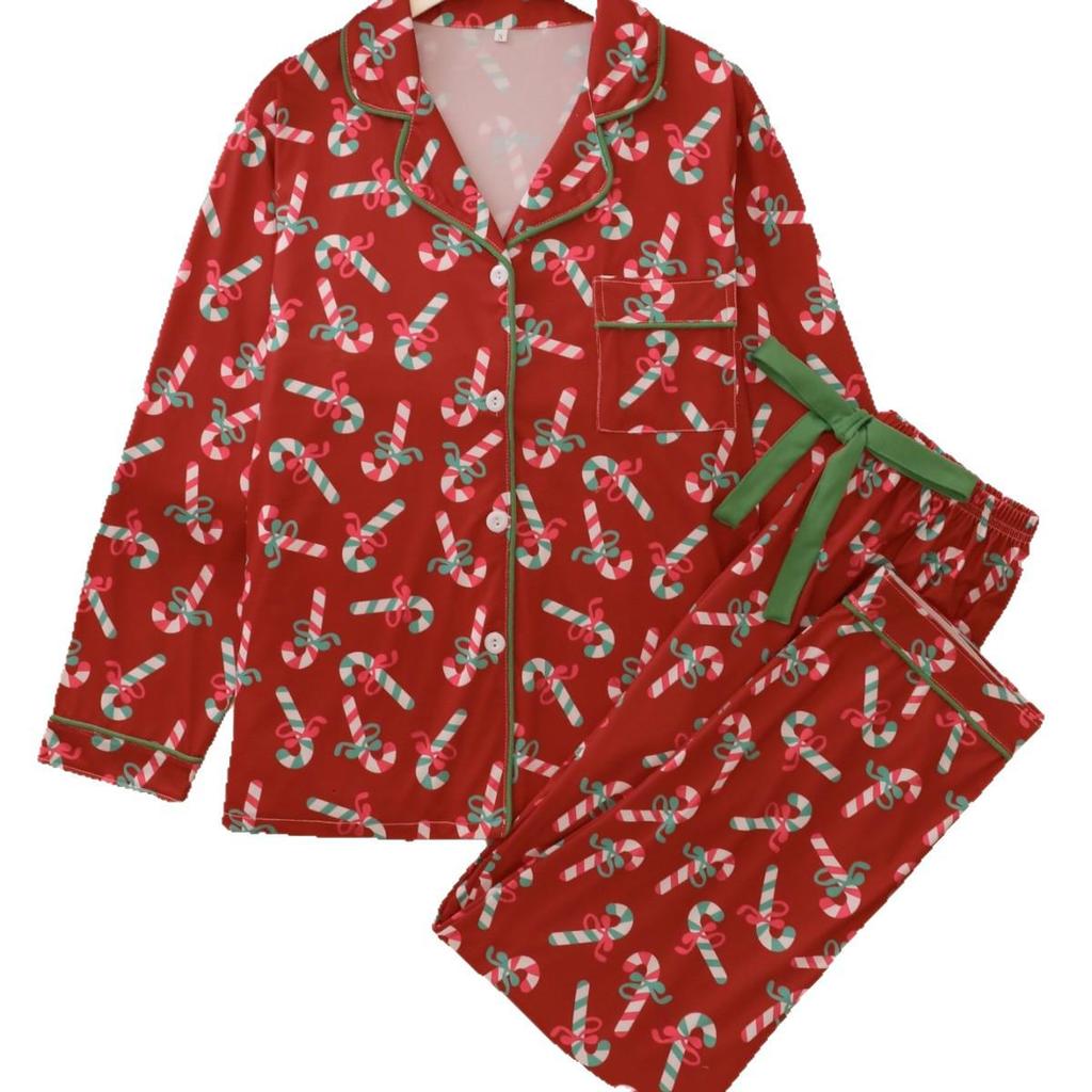 Women's Christmas Print Pajama Set - Long Sleeve, Long Pants, Turn-down Collar, Cardigan Style for All Seasons