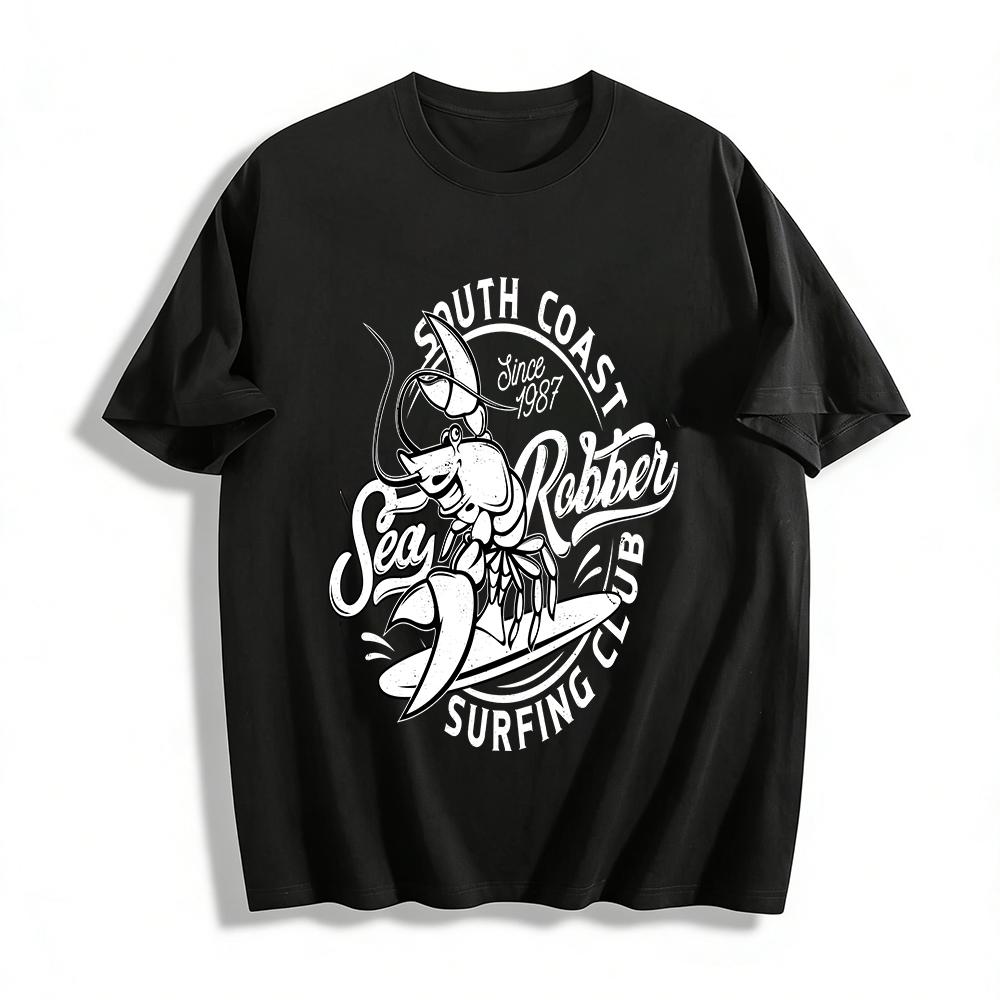 Funny Surfing Lobster Print Casual Short Sleeve T-Shirt Pure cotton T-shirt XXS