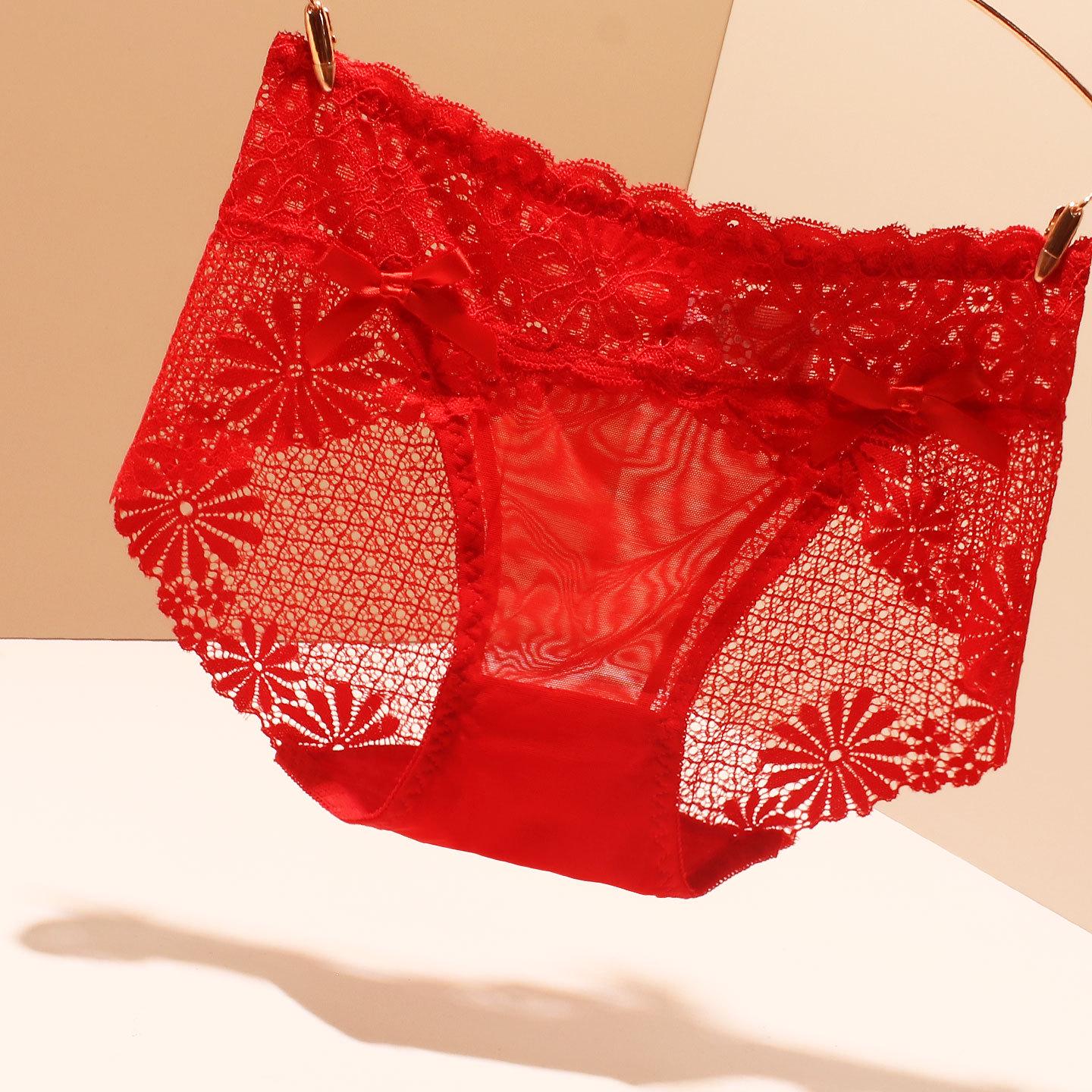 

2025 Новые женские трусы-слипы средней посадки из прозрачного кружева, бесшовные, сексуальные, с бантиком, треугольные M красный