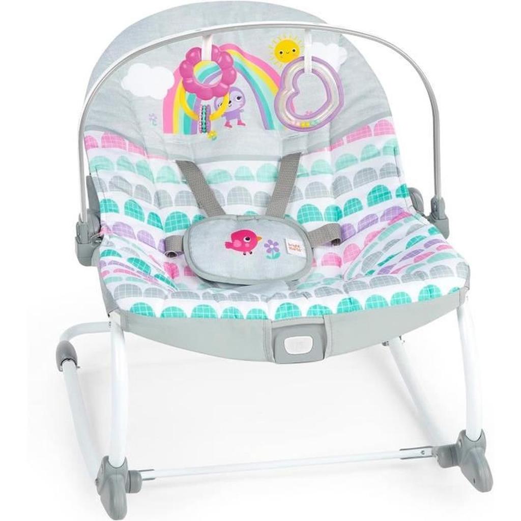 BRIGHT STARTS Transat bébé évolutif Arc-en-Ciel, rose, Vibrations apaisantes, 2 positions d'inclinaison, jusqu'a 30 mois