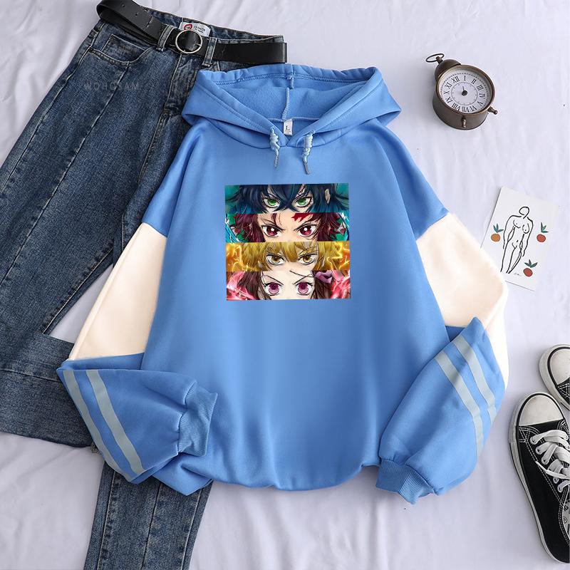 Anime Demon Slayer Kamado Tanjirou/Nezuko Eyes Hoodies Funny Manga Cartoon Fashion Streets Unisex Oversize Patchwork Sweatshirts