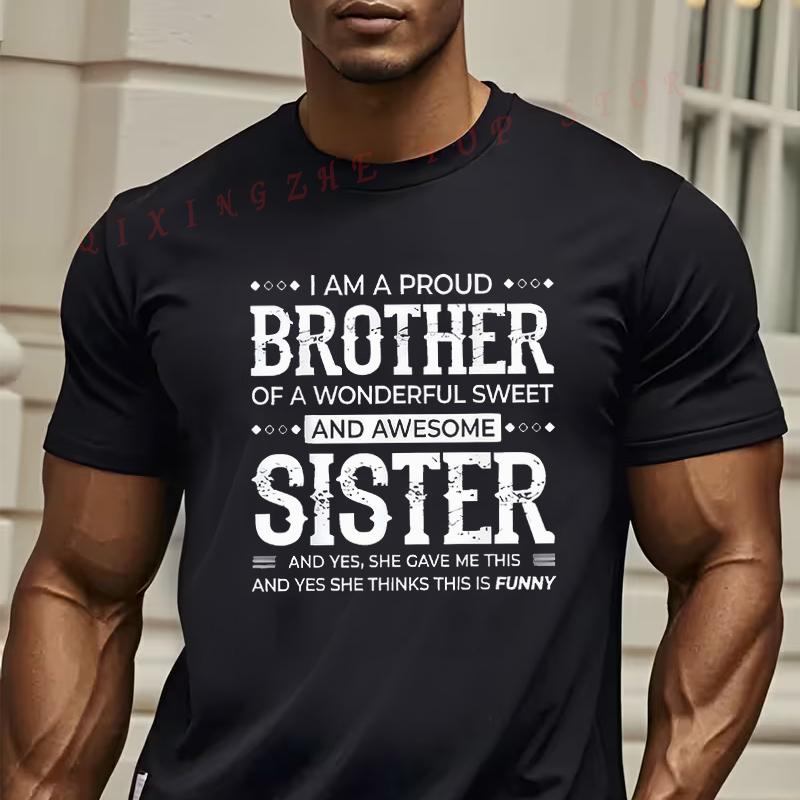 MenS Proud Brother Graphic TShirt Black With Bold White Text Fun And Humorous Design Casual Short Sleeve Tees S
