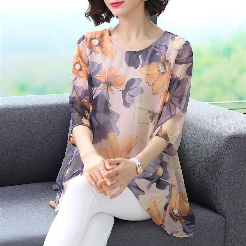 

Летние женские повседневные шифоновые блузки с принтом, рубашки с круглым вырезом, модные свободные топы, Blusas большого размера L