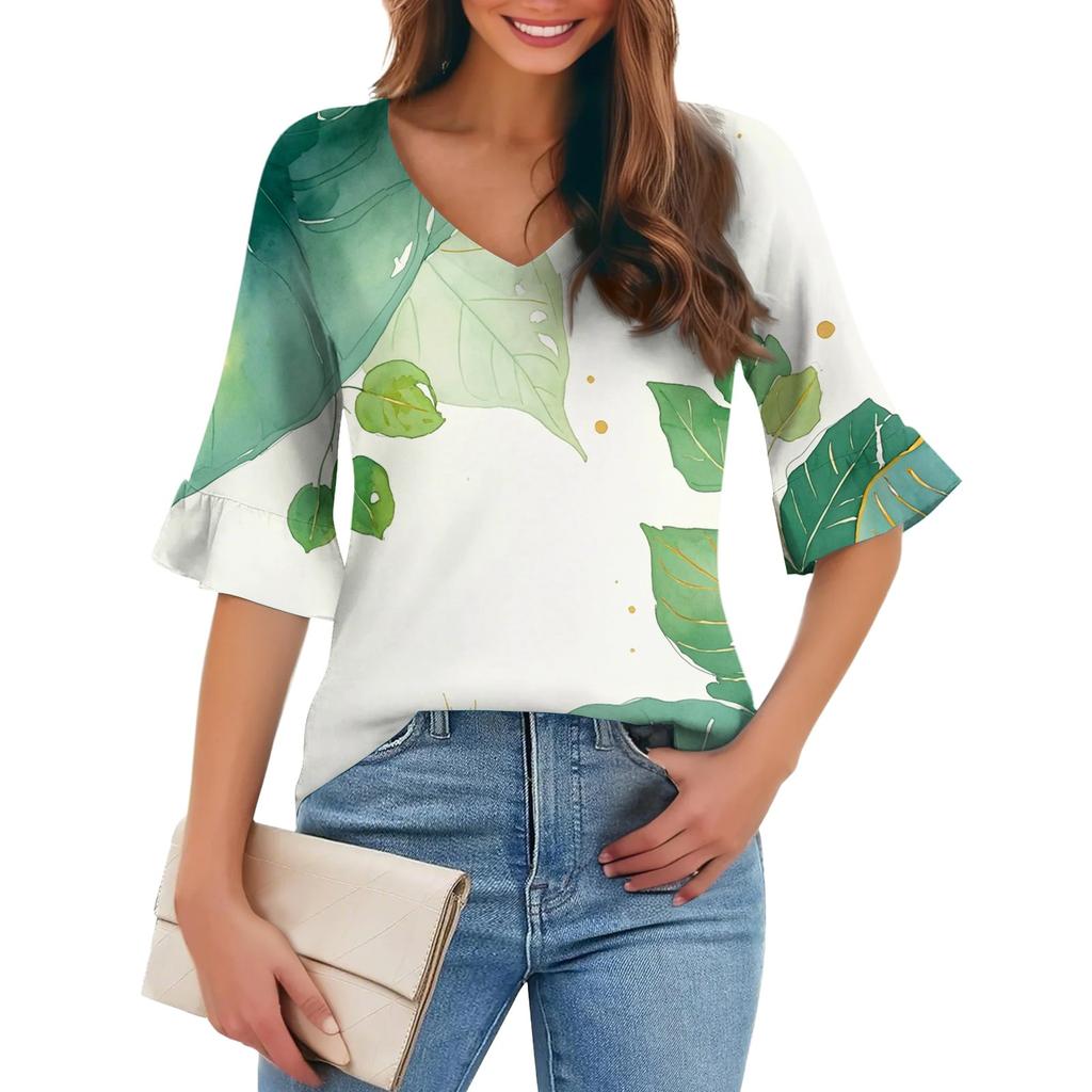 Damen Casual Fashion V-Ausschnitt Pullover Lose Pendeln Floral Fünf-Punkt-Ärmel T-Shirt Top